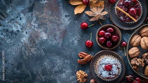 Autumn homemade desserts with cherry plum nuts and copy space