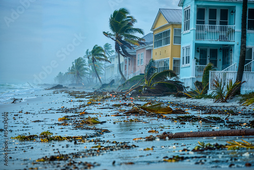 Homes on debris filled beach during a hurricane, palm trees, Florida. Fictitious depiction, artist's impression photo