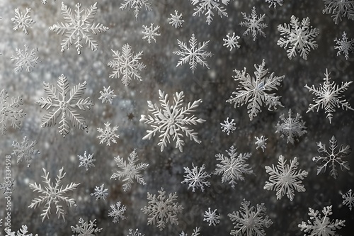 Winter white snowflakes, snow on silver background, Christmas season texture Generative AI