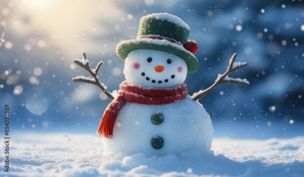 Fototapeta premium merry christmas tree with gifts and snowman. merry. red hat. smile. white. snow. happy.