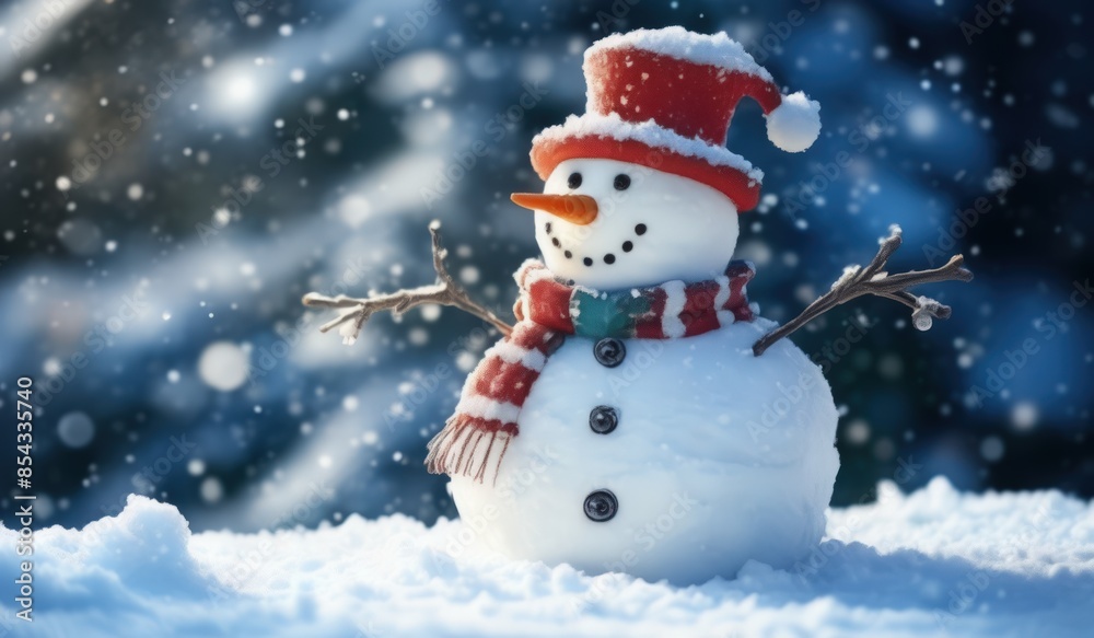Fototapeta premium merry christmas tree with gifts and snowman. merry. red hat. smile. white. snow. happy. 