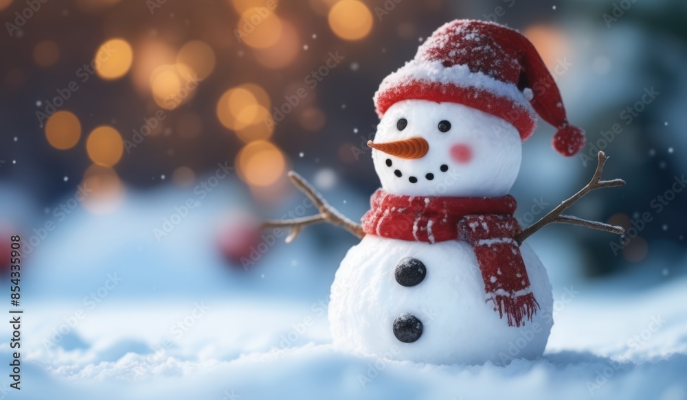 snowman in winter secenery with copy space. new model snowman snowman in winter secenery with copy space. new model snowman