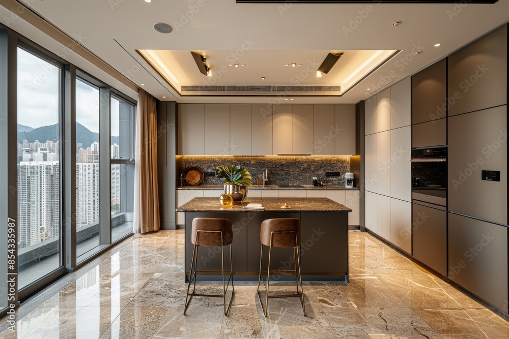 A modern kitchen with a large window overlooking the city A modern kitchen with a large window overlooking the city