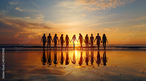 amigos juntos caminando de la mano hacia el mar viendo el amanecer en la orilla del mar en la playa festejando el dia internacional de la amistad