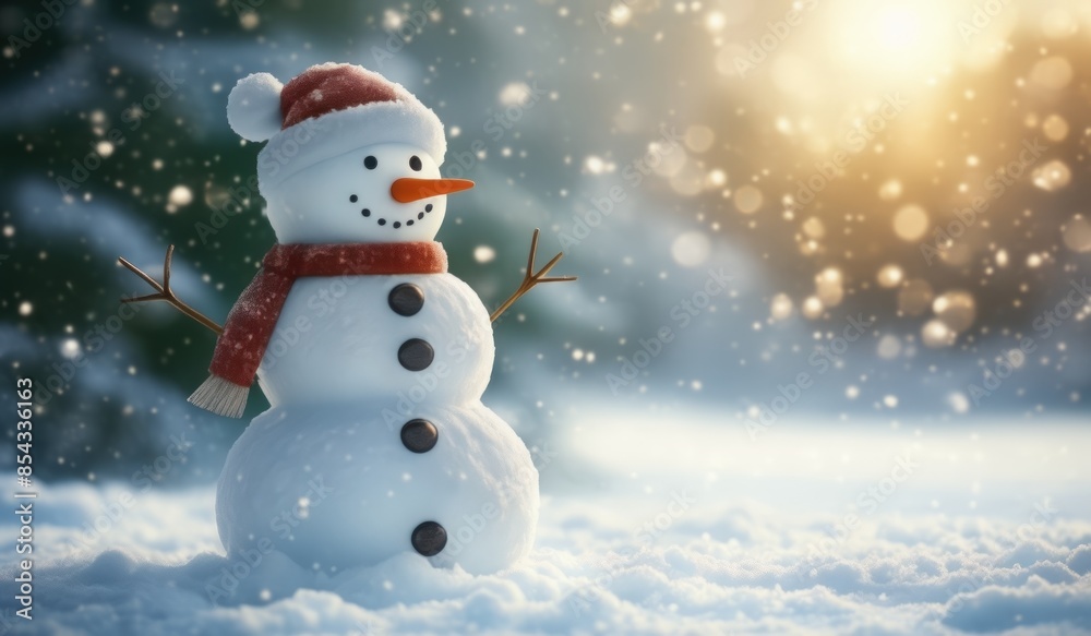 snowman in winter secenery with copy space. new model snowman snowman in winter secenery with copy space. new model snowman