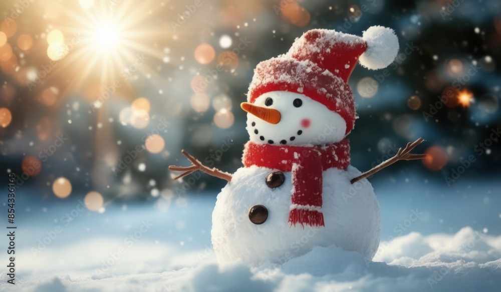 snowman in winter secenery with copy space. new model snowman snowman in winter secenery with copy space. new model snowman