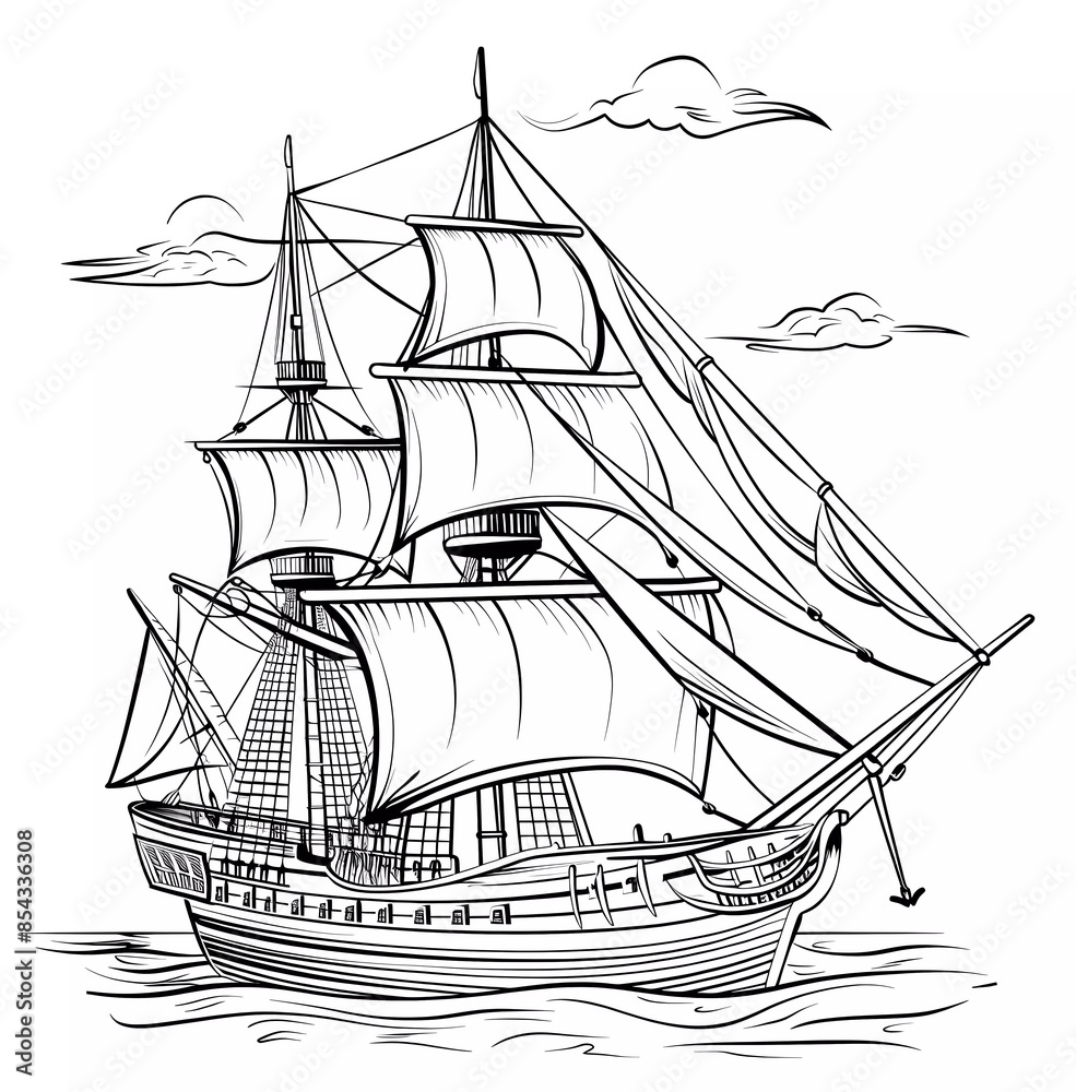 simple line drawing of an old sailing ship, vector illustration for kids coloring book