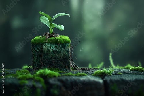 Small Plant Growing on Mossy Tree Stump