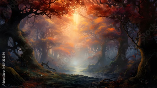 Fantasy landscape with a dark forest and a bright sun at sunset