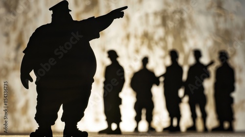 Silhouette of a fat general pointing aimlessly, shadowy figures depicting chaos and lack of control, emphasizing ineffective leadership Copy space photo
