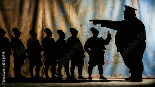 Silhouette of a fat general pointing aimlessly, shadowy figures depicting chaos and lack of control, emphasizing ineffective leadership Copy space photo