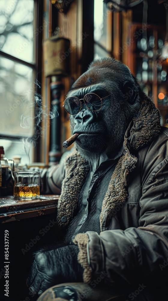 A person dressed in a winter coat sits indoors with a drink, evoking a cozy and warm atmosphere A person dressed in a winter coat sits indoors with a drink, evoking a cozy and warm atmosphere