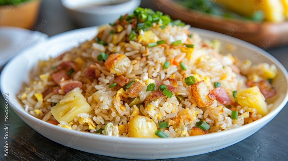 A tropical spin on traditional fried rice sautéed with pineapple chunks and bits of crispy bacon. A tropical spin on traditional fried rice sautéed with pineapple chunks and bits of crispy bacon.