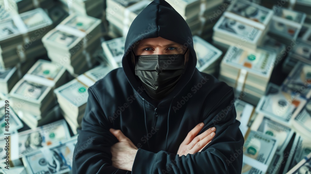 A mysterious man in hoodie and mask stands with his arms crossed against the background of piles full of dollars, dark colors