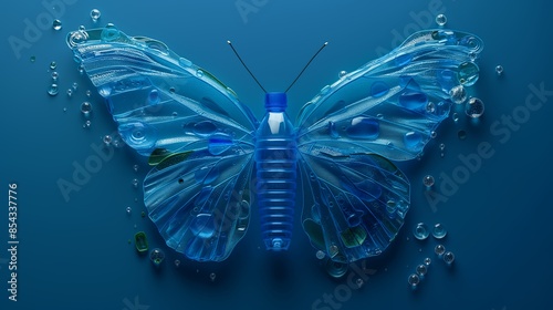 A blue butterfly crafted from plastic bottles and debris