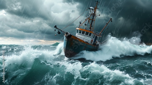 A fishing trawler is struggling in the middle of an extremely stormy sea, with huge waves crashing around it and dramatic storm clouds looming overhead photo