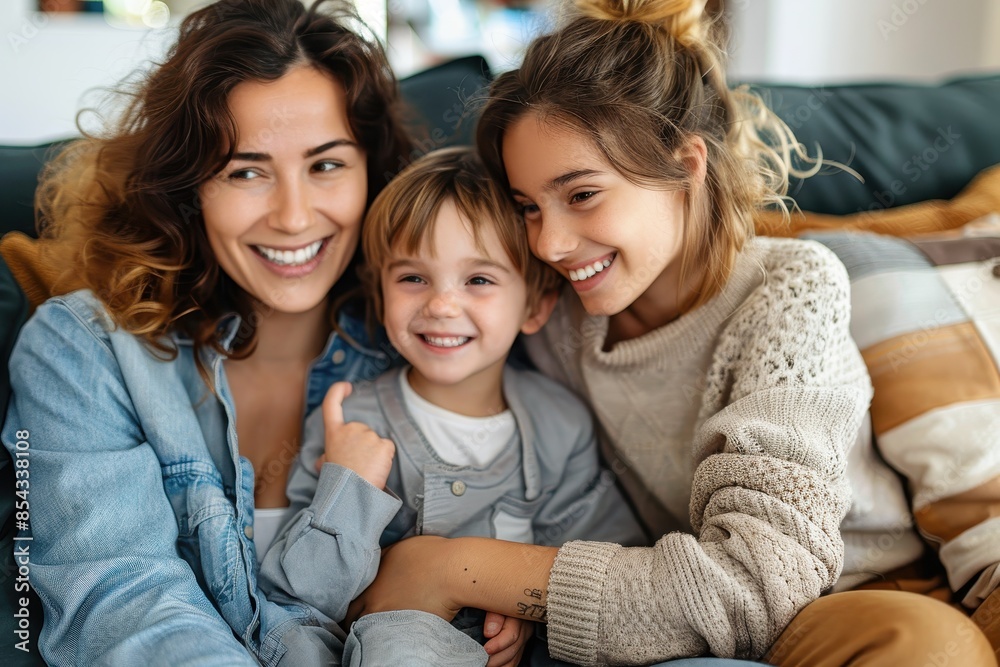 Smiling family portrait featuring a mother, daughter, and young son, sitting closely and sharing a happy moment Smiling family portrait featuring a mother, daughter, and young son, sitting closely and sharing a happy moment