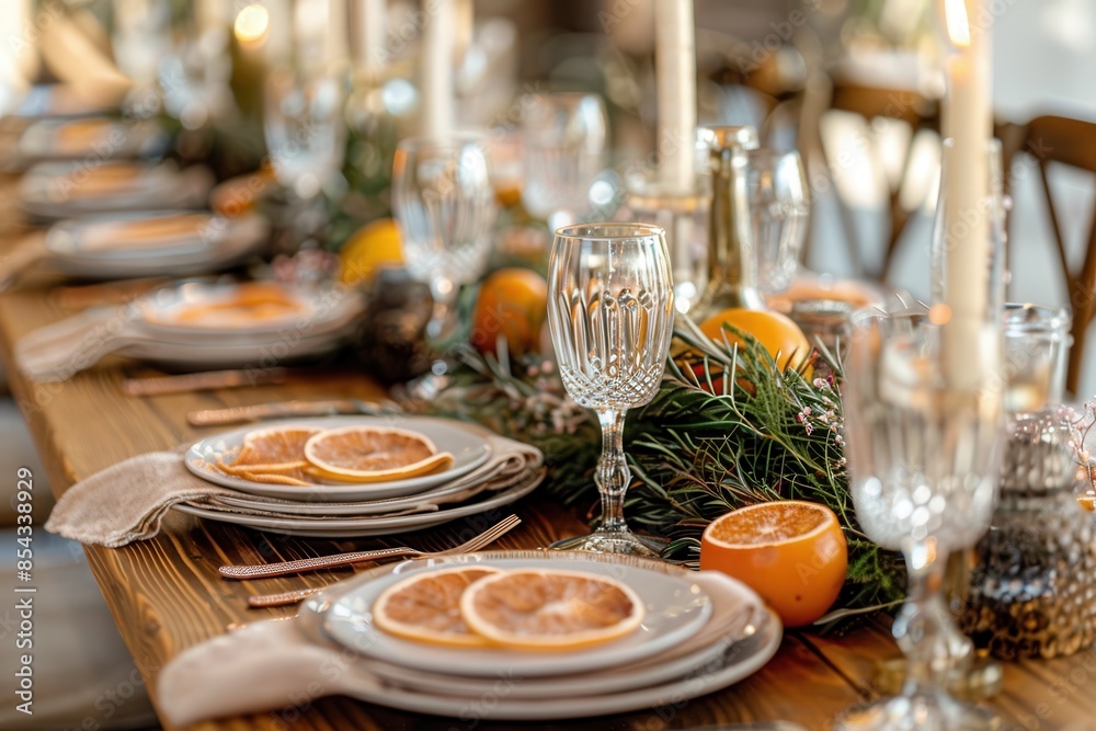 Naklejka premium A festive table beautifully set with plates, glasses, and holiday decor creating a warm, inviting ambiance for a celebration