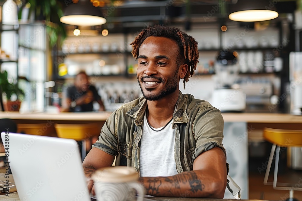 A cheerful man with dreadlocks and tattoos is smiling at his laptop in a modern cafe A cheerful man with dreadlocks and tattoos is smiling at his laptop in a modern cafe