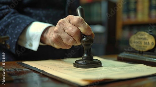 A man is stamping a document with a stamp