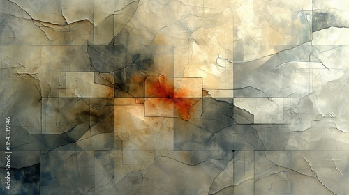 Abstract Geometric Art with Earthy Tones and Red Accent