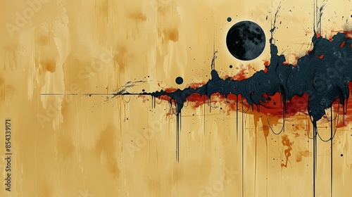 Abstract Lunar Eclipse with Splatter Effect on Golden Background