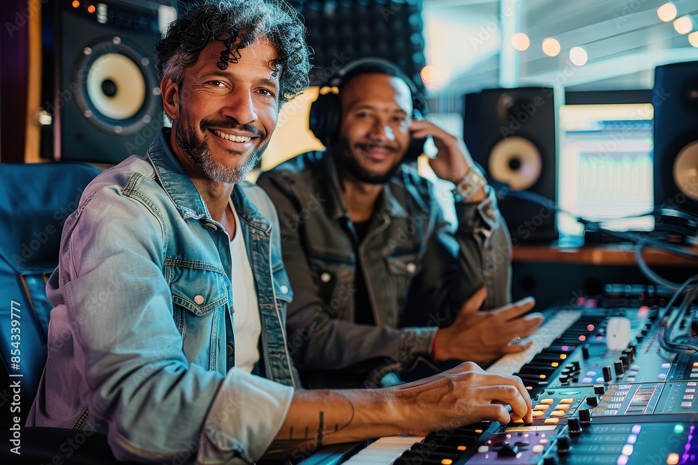 A male producer is playing a keyboard and a female producer with headphones is smiling in a music studio setting A male producer is playing a keyboard and a female producer with headphones is smiling in a music studio setting