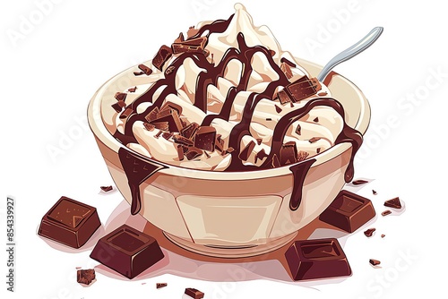 A View of 32-bit Chocolate Brownie Sundae, in a vector cartoon style, isolated white background photo