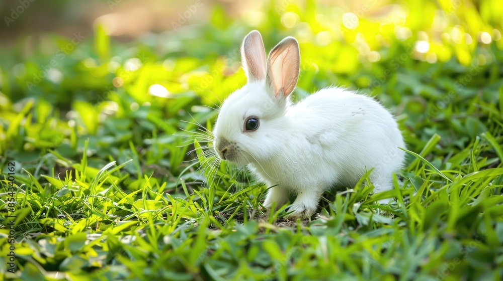 A white baby rabbit playing on green grass A white baby rabbit playing on green grass