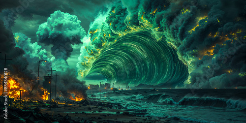 Nuclear tsunami with mushroom cloud, torpedo, radioactive, wide banner. Fictitious depiction, artist's impression