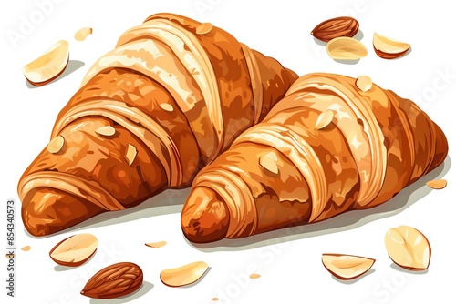 A View of 32-bit Almond Croissants, in a vector cartoon style, isolated white background photo