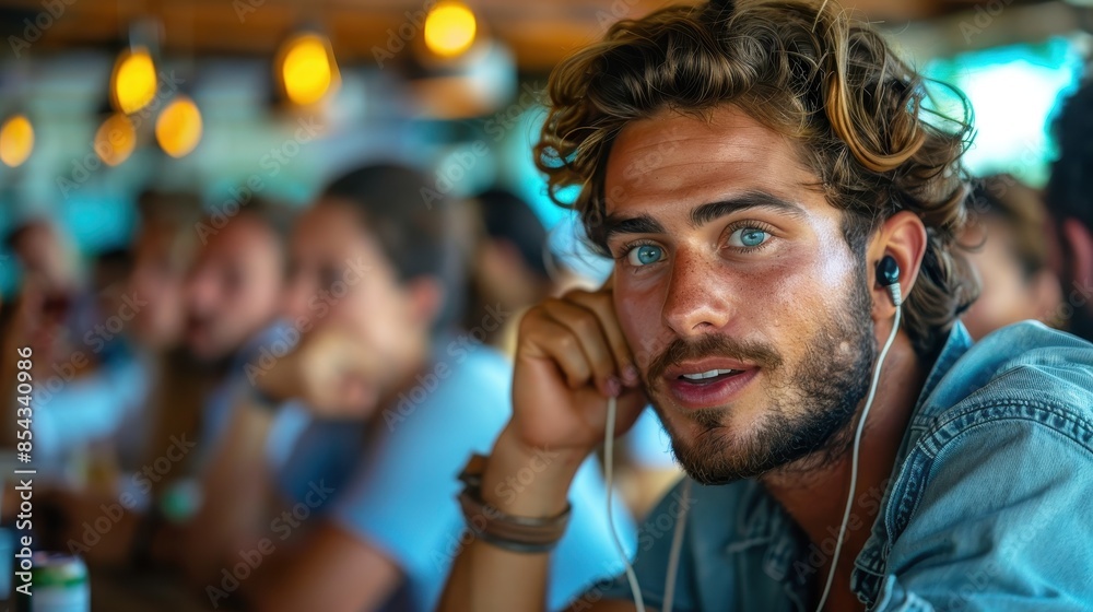 An attractive man with curly hair and blue eyes is wearing headphones and appears to be in a thoughtful pose at a cafe An attractive man with curly hair and blue eyes is wearing headphones and appears to be in a thoughtful pose at a cafe