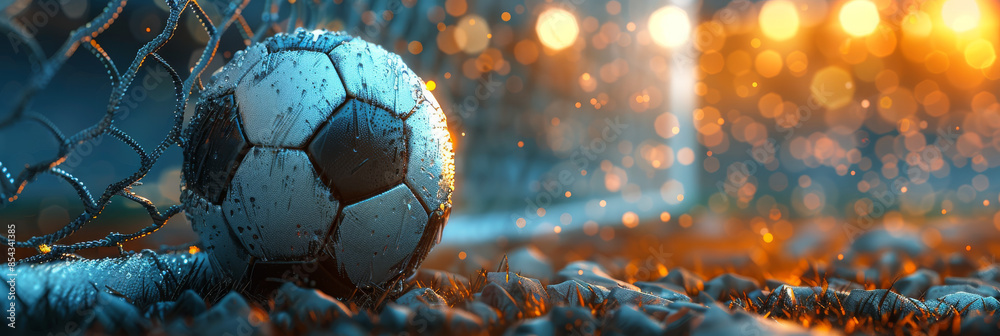 High Resolution Closeup of Football Ball Flying into Goal with White Net and Blurry Stadium Background High Resolution Closeup of Football Ball Flying into Goal with White Net and Blurry Stadium Background