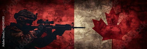The flag of Canada and the silhouette of a soldier aiming their weapon