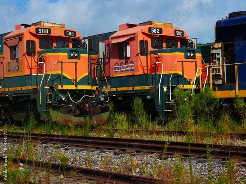 Two train engines not in use sit beside a railroad track.