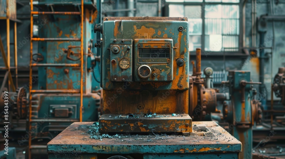 A blue machine sits in a cluttered room with a lot of old electronics A blue machine sits in a cluttered room with a lot of old electronics