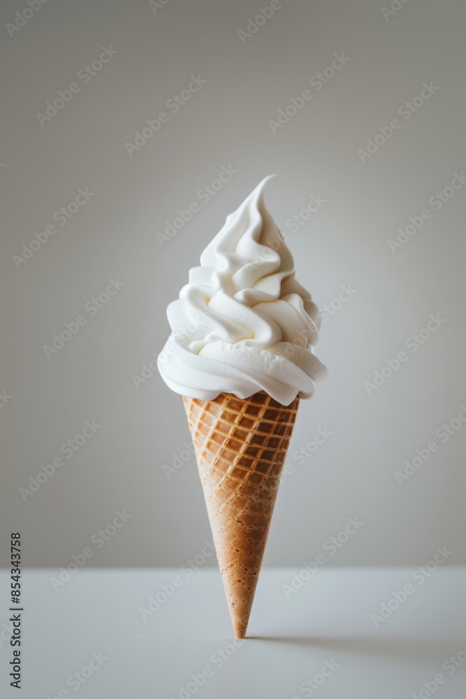 Ice Cream Cone Close-up on a White Minimalist Background, Commercial Photography prop, Wallpaper, banner design, brochure, web, advertising, illustration, concept of healthy life style Ice Cream Cone Close-up on a White Minimalist Background, Commercial Photography prop, Wallpaper, banner design, brochure, web, advertising, illustration, concept of healthy life style