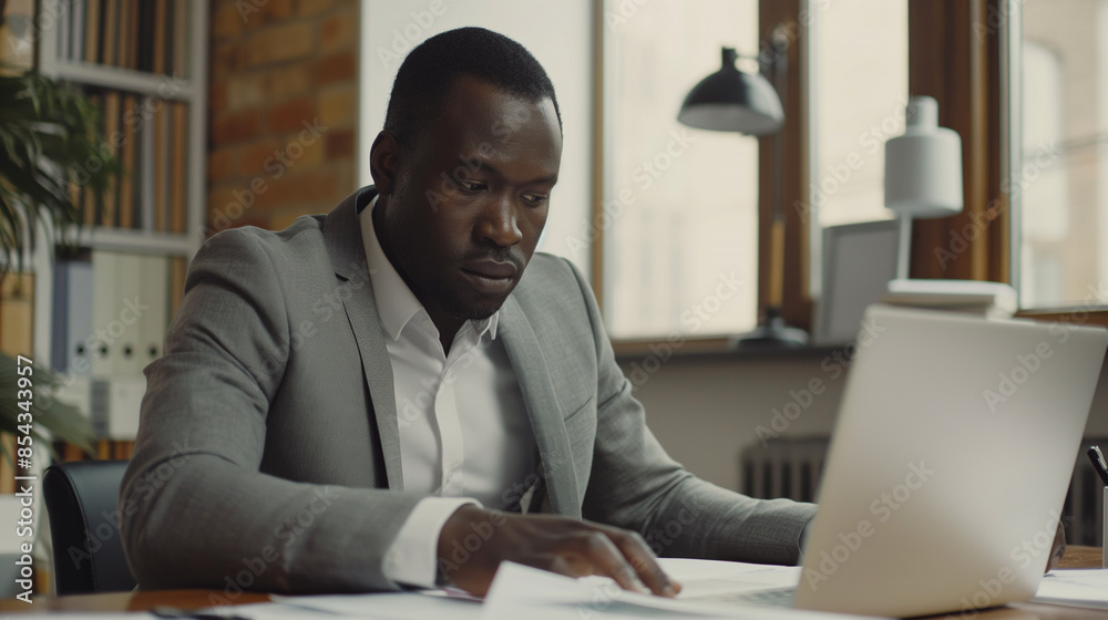 portrait of a man working with business documents with a laptop on the table in modern office, business analysis research portrait of a man working with business documents with a laptop on the table in modern office, business analysis research