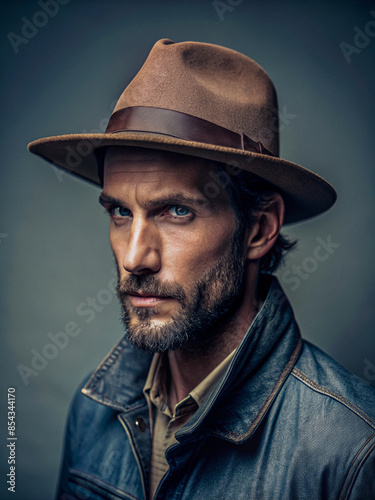An elegant and confident man posing in a fashionable hat and coat. © Alejandro Girela