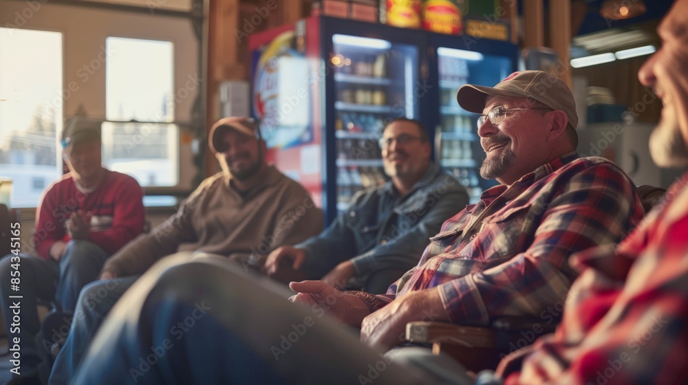 Truck drivers taking a break and chatting in a relaxed setting Truck drivers taking a break and chatting in a relaxed setting