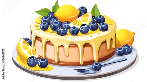 A View of 32-bit Lemon Blueberry Cake, in a vector cartoon style, isolated white background photo