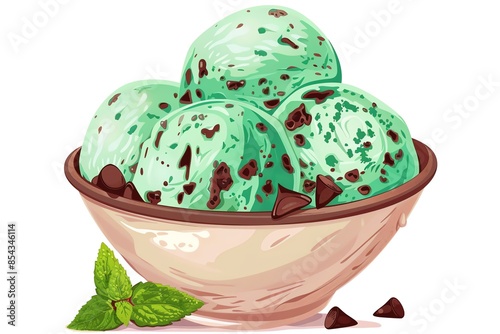 A View of 32-bit Mint Chocolate Chip Ice Cream, in a vector cartoon style, isolated white background photo