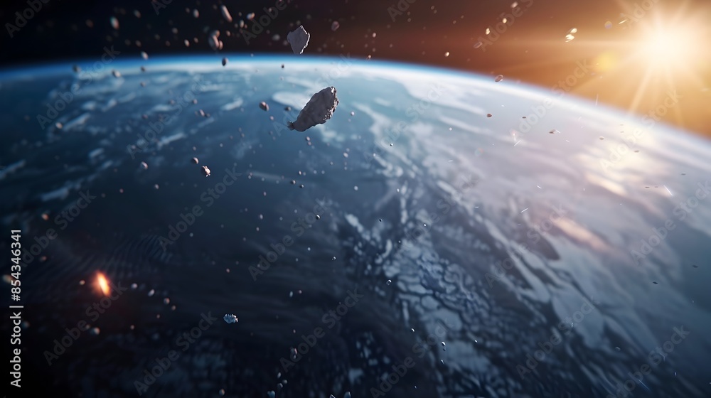 Obraz premium Debris Orbiting the Earth in Outer Space Amid Celestial Backdrop