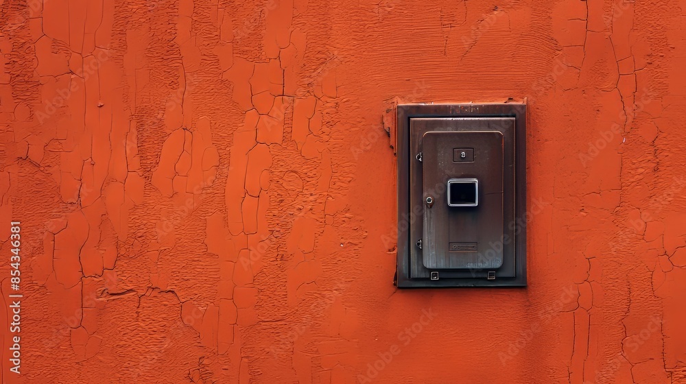 A covered electrical outlet on the side of a reddish light brown building, emphasizing the wall's texture and color A covered electrical outlet on the side of a reddish light brown building, emphasizing the wall's texture and color