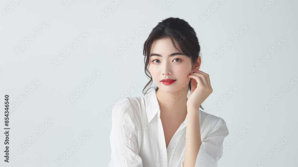 Young Asian woman in white shirt posing against white background. Young Asian woman in white shirt posing against white background.