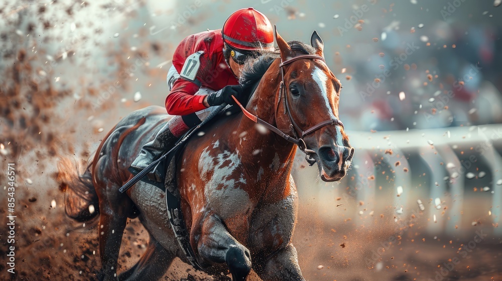 Beautiful race horse and jockey in action during the competition. Beautiful race horse and jockey in action during the competition.