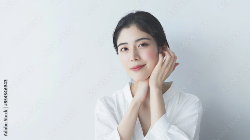 a young woman with dark hair, wearing a white shirt, smiling. Her hands are resting on her chin and cheeks, and she is looking at the camera. She is against a white wall background. a young woman with dark hair, wearing a white shirt, smiling. Her hands are resting on her chin and cheeks, and she is looking at the camera. She is against a white wall background.