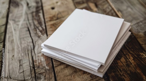 Blank white pages on wooden table with soft focus