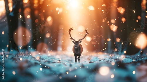 Majestic Deer in Snowy Forest Landscape with Ethereal Backlight