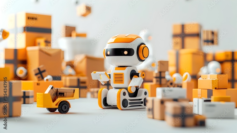 Robotic Assistant Handling Inventory and Packages in Futuristic Warehouse Setting